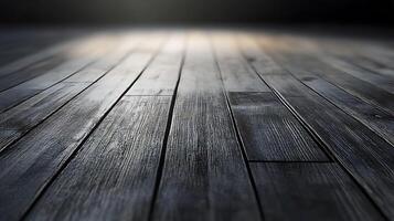 Dramatic perspective of dark wooden floorboards bathed in soft, diffused light creating an atmosphere of depth and elegance. Moody surface. photo