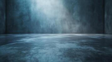 An abstract interior space with a blue cast, featuring an indistinct floor and wall texture with subtle lighting effects. photo