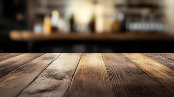 Rustic wooden tabletop against a softly blurred background, evoking warmth and inviting a sense of cozy hospitality and product display. photo