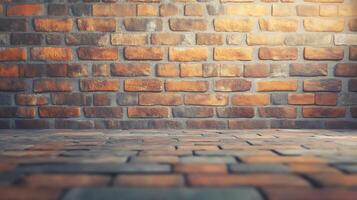 A warm, inviting brick wall and floor create a rustic and textured background. The warm tones bring a sense of comfort and history. photo