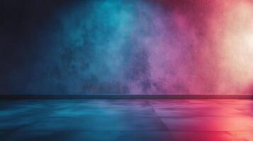 An evocative interior scene featuring a textured wall painted in a vibrant gradient, bathed in a blend of light and shadow, and a floor with a cool hue. photo