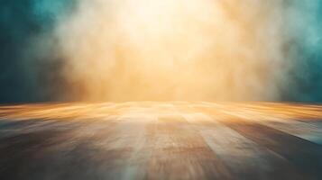 Illuminated floor under a smoky glow. The composition balances light and shadow, creating a dramatic and atmospheric scene. photo
