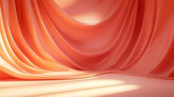 Peach-toned fabric arranged in soft, elegant drapes creating a smooth, flowing backdrop. The light creates depth through shadows. photo