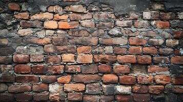 Rustic brick wall texture showcases weathered character. A blend of red and dark bricks create a striking contrast with exposed mortar joints. photo