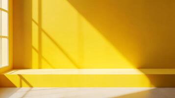 Bright yellow room with soft sunlight streaming through a window, casting geometric shadows across the wall and floor, creating a warm atmosphere. photo