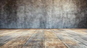 Rustic wood flooring meets a textured gray wall, creating a warm and inviting interior space for product presentations or visual displays. photo