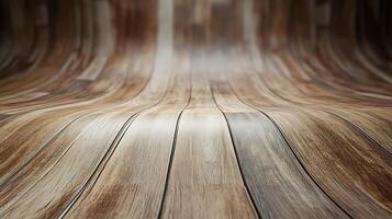 Curved wood floor creating a wave-like pattern. Smooth and polished surface reflecting light, adding depth to the floor design. photo