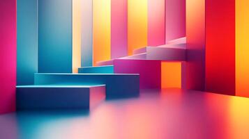 Abstract architectural design featuring colorful geometric shapes, steps, and vibrant gradients in an artful and modern composition. photo