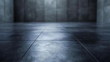 A minimalist abstract composition featuring an empty room with floor tiles and textured wall panels, showcasing a blend of light and shadows. photo