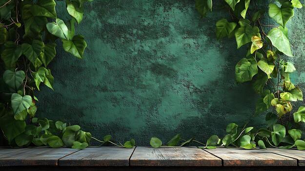 Lush greenery frames a rustic wooden surface against a textured backdrop, blending nature and architecture. Serene and earthy atmosphere. photo