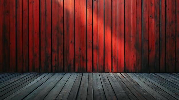 Wooden planks with aged, red stain create a rustic background. Light and shadow add depth and texture to the weathered surface. photo