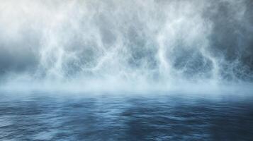 Misty ocean expanse with an ethereal ambiance created by fog, setting a serene and mysterious tone. A vast, tranquil, moody landscape. photo