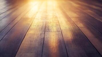 Sunlight shines on a dark hardwood floor, creating a warm, inviting atmosphere with its natural grain and texture, adding depth and character. photo
