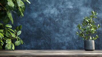 A textured blue background with greenery adds a calm, natural element to the scene, perfect for showcasing a design or product. photo