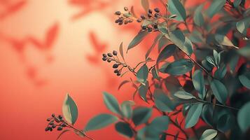 Green leaves and small dark berries against a reddish backdrop create a natural, vibrant scene. The composition is soft and calming. photo