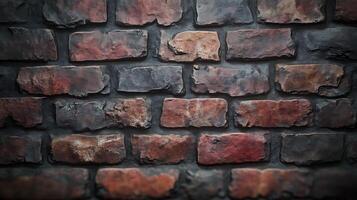 Detailed view of a brick wall, showcasing the textures and colors of the individual bricks and the mortar joints between them. photo