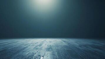 A cool and serene image featuring a weathered wooden floor bathed in a gentle spotlight, creating a sense of depth and stillness. photo