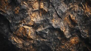 Detailed rock face texture featuring rough, dark gray stone with hints of earthy yellow minerals, creating an aged appearance. photo