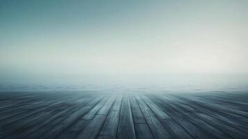 A tranquil image showcasing a wooden deck extending towards a serene body of water, with a soft gradient sky in the background. photo