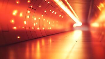 Abstract futuristic corridor with glowing lights. A tunnel with a perspective view and warm illumination. Geometric forms and a dynamic feel. photo