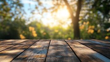 Rustic wooden planks offer a blurred glimpse of sunlight filtering through trees, evoking natural tranquility and the warmth of a serene outdoor setting. photo