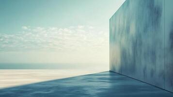 Minimalist architectural scene with soft light highlighting a concrete structure against a serene sky and horizon. photo