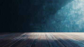 Moody studio background. Blue wall, with light from the right, textured surface and wooden floor. photo