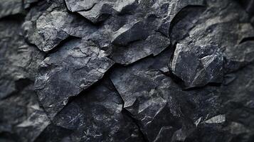 Abstract image of dark stone fragments. The surface texture with sharp edges and shadows creates a dramatic and impactful scene. photo
