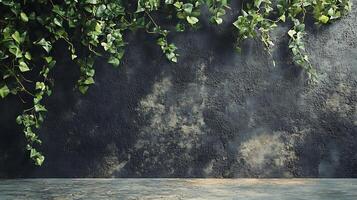 Textured wall adorned with cascading green ivy, creating a natural and organic backdrop for product displays or artistic compositions. photo