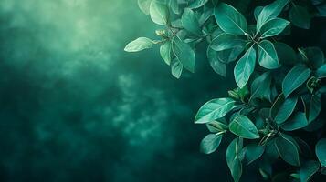 Green foliage against a mystical teal background, creating a natural, dreamy, and atmospheric environment. A fresh nature backdrop. photo