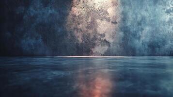 An atmospheric, abstract composition featuring a mottled wall and reflective floor, bathed in subtle, cinematic lighting, conveying depth and texture. photo