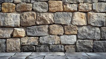 An aged stone wall exhibits a range of natural colors from tan to gray, creating a rustic and timeless backdrop with texture and depth. photo