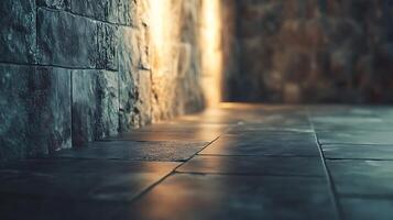 Stone corridor with light. Rough stone walls and smooth stone flooring illuminated with light streaming from the end of the corridor photo