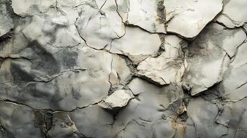A close-up showcases the stark beauty of a cracked wall, revealing layers of texture and subtle shifts in tone, creating an abstract pattern. photo