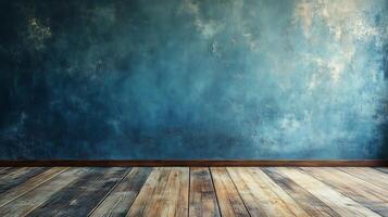 Rustic interior with a textured blue wall and reclaimed wood flooring, blending vintage charm and artistic wall texture in a studio backdrop. photo