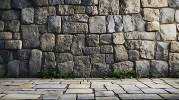 An old stone wall provides a durable barrier, showcasing natural variations in color and texture, paired with a stone-tiled path. photo