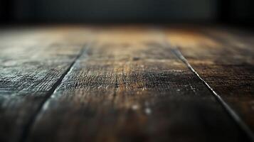 Macro shot of dark wood planks with pronounced grain and texture, ideal for rustic or natural backgrounds. Shallow depth of field. photo