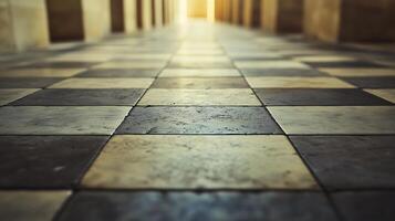 Eye-level view of a checkerboard floor extending into a hallway, creating a sense of depth and architectural elegance. Perspective to the light. photo