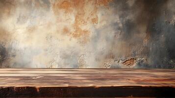 Rustic texture with a wooden surface against a mottled wall backdrop, creating a unique backdrop for products or creative content. photo