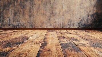 Warm, inviting space with hardwood flooring and rustic wall. Perfect for showcasing products or creating a cozy interior scene. photo