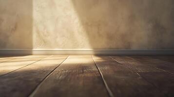 Sunlight streams onto a rustic wooden floor against a textured wall, highlighting the floor's grain and the wall's subtle imperfections. photo