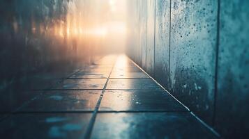 A view from a tiled interior hallway featuring walls in muted tones and a light source ahead that suggests the end of the passage ahead. photo