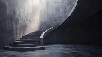 Concrete spiral staircase in a minimalist architectural design, showcasing modern structure and texture with dark, moody lighting. photo