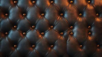 Elegant black leather upholstery with diamond stitching and brass buttons creating a luxurious texture and stylish pattern. photo