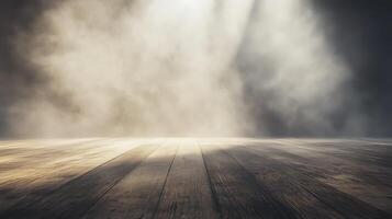 Eerie stage backdrop with dark wooden floorboards leading into misty, smoky depths, illuminated by a spotlight effect from above. photo