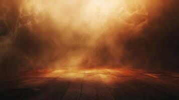 An atmospheric scene with a smoky haze hanging above a weathered wooden floor, bathed in dramatic, warm light creating a mysterious ambiance. photo