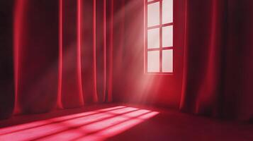 Interior scene featuring red curtains and a window with sunlight streaming through, creating shadows on the floor of a room. photo