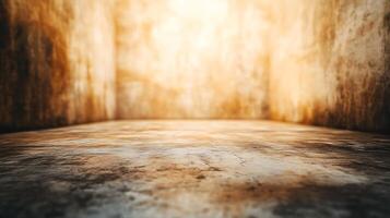 Abstract interior space with textured walls and a weathered floor, bathed in diffused light. An intriguing canvas for creative display. photo