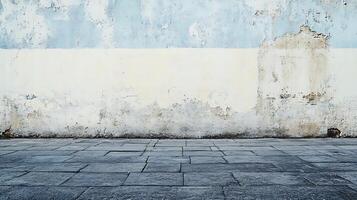 Weathered building facade featuring aged paint, faded colors and a textured stone pathway providing a visual story of time and decay. photo