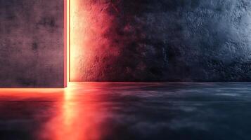 Abstract concrete room with red and blue ambient light creating a moody atmosphere. The textures are raw and industrial. photo